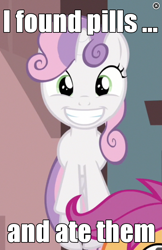 Size: 490x756 | Tagged: safe, scootaloo, sweetie belle, one bad apple, i found pills and ate them, image macro, pills