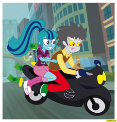 Size: 1318x1369 | Tagged: safe, artist:conikiblasu-fan, discord, sonata dusk, equestria girls, money, motorcycle