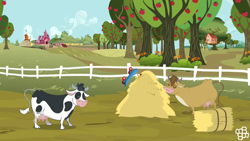 Size: 1228x691 | Tagged: safe, bessie, cow, sleepless in ponyville, apple tree, bbbb, censored, cloven hooves, clubhouse, crusaders clubhouse, female, scooter, sweet apple acres, tree, udder