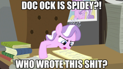 Size: 994x558 | Tagged: safe, edit, edited screencap, screencap, diamond tiara, ponyville confidential, image macro, solo, spider-man, superior spider-man, vulgar