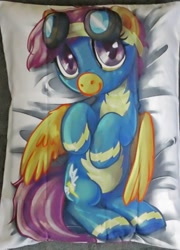 Size: 1080x1500 | Tagged: safe, scootaloo, pegasus, body pillow, female, filly, on back, orange coat, purple mane, solo