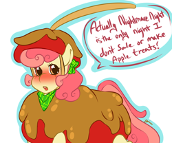 Size: 900x750 | Tagged: safe, artist:tiki-sama, apple bumpkin, apple, apple family member, blushing, caramel apple (food), costume, nightmare night