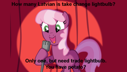 Size: 1008x567 | Tagged: safe, cheerilee, earth pony, pony, cheerilee pun, curtain, engrish, exploitable meme, female, green eyes, latvian joke, mare, meme, microphone, open mouth, smiling, solo, spotlight, text, two toned mane, two toned tail