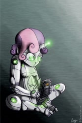 Size: 800x1200 | Tagged: safe, artist:el-creepo, sweetie belle, sweetie bot, human, robot, android, female, game boy, gynoid, horned humanization, humanized, sitting, solo