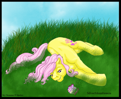 Size: 775x632 | Tagged: safe, artist:silvermoonbreeze, breezie, g2, easter, easter egg, grass, on side, relaxing, sky skimmer