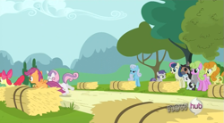 Size: 849x468 | Tagged: safe, edit, edited screencap, screencap, apple bloom, bon bon, carrot top, cotton cloudy, daisy, flower wishes, golden harvest, linky, scootaloo, shoeshine, sweetie belle, sweetie drops, tornado bolt, earth pony, hyena, pegasus, unicorn, one bad apple, butt, female, filly, mare, plot, sturmyena, tree