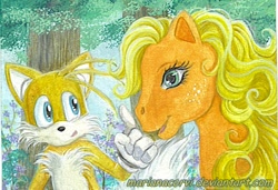 Size: 400x274 | Tagged: safe, applejack (g1), g1, crossover, miles "tails" prower, sonic the hedgehog (series)