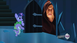 Size: 854x480 | Tagged: safe, spike, twilight sparkle, dragon, pony, unicorn, anakin skywalker, door, exploitable meme, female, horn, hub logo, male, mare, meme, multicolored mane, nightmare fuel, nightmare wall, open mouth, purple coat, stairs, star wars, the scary door