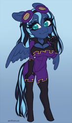 Size: 525x900 | Tagged: safe, artist:aerifiretruck, oc, oc:midnight mist, anthro, pegasus, big breasts, boob window, breasts, chibi, cleavage, clothes, costume, flight suit, goggles, keyhole, shadowbolts costume, skintight, smiling, wings