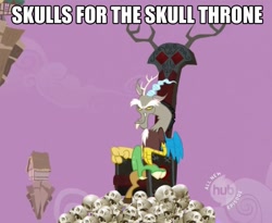 Size: 767x630 | Tagged: safe, edit, edited screencap, screencap, discord, draconequus, caption, chaos, discord's throne, hub logo, human skull, image macro, khorne, male, purple sky, skull, skulls for the skull throne, solo, throne, warhammer (game), warhammer 40k