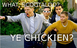 Size: 501x313 | Tagged: safe, scootaloo, chicken, 3d (back to the future), back to the future, biff tannen, billy zane, match (back to the future), scootachicken, skinhead (back to the future), thomas f. wilson