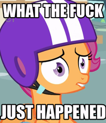 Size: 516x595 | Tagged: safe, scootaloo, helmet, image macro, reaction image, vulgar