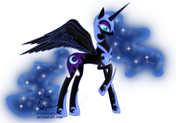 Size: 2807x1949 | Tagged: safe, artist:someponytolove, nightmare moon, alicorn, female, helmet, hoof shoes, jewelry, peytral, raised hoof, regalia, simple background, solo, spread wings, transparent background, watermark, wings