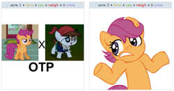 Size: 529x280 | Tagged: safe, scootaloo, exploitable meme, juxtaposition, juxtaposition win, otp, scootasqueak