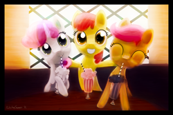 Size: 3800x2541 | Tagged: safe, artist:porkchopsammie, apple bloom, scootaloo, sweetie belle, earth pony, pegasus, pony, unicorn, backlighting, cutie mark crusaders, female, filly, milkshake, table, window