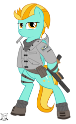 Size: 1800x2936 | Tagged: safe, artist:shadawg, lightning dust, pony, bipedal, gun, pistol, solo, suppressor