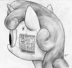 Size: 1440x1379 | Tagged: safe, artist:jarwall, sweetie belle, sweetie bot, pony, robot, robot pony, unicorn, black and white, female, filly, foal, grayscale, horn, monochrome, solo