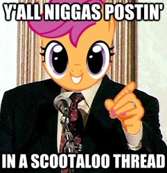 Size: 416x431 | Tagged: safe, scootaloo, pegasus, female, filly, image macro, orange coat, purple mane, racial slur, solo