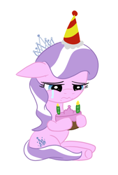 Size: 560x828 | Tagged: safe, artist:elslowmo, diamond tiara, cake, crying, cute, diamondbetes, happy birthday to me, hat, original artist unknown, party hat, sad, tiarabuse