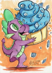 Size: 747x1053 | Tagged: safe, artist:kileybeecher, spike, dragon, cupcake, food, gem, sapphire, sapphire cupcake, solo, traditional art