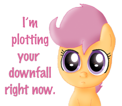 Size: 625x540 | Tagged: safe, artist:ajmstudios, scootaloo, cute, fluffy, frown, looking at you, simple background, solo, stare, text, transparent background