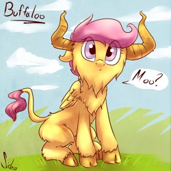 Size: 920x920 | Tagged: safe, artist:siden, scootaloo, buffalo, buffaloo, cloven hooves, fluffy, horns, looking at you, moo, pun, sitting, solo, species swap, wide eyes