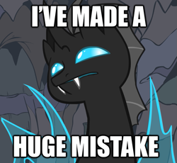 Size: 625x574 | Tagged: safe, artist:dinkelion, oc, oc only, oc:doppel, changeling, arrested development, ask doppel, bust, catchphrase, i've made a huge mistake, image macro, meme, portrait, solo, text