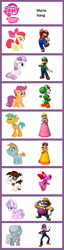 Size: 597x2335 | Tagged: safe, apple bloom, diamond tiara, pipsqueak, scootaloo, silver spoon, snails, snips, sweetie belle, birdo, comparison chart, crossover, luigi, mario, meme, princess daisy, princess peach, super mario bros., super mario land, waluigi, wario, yoshi