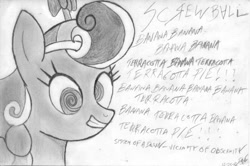 Size: 1206x800 | Tagged: safe, artist:deathligerx86, screwball, banana, hat, hypnosis, lyrics, propeller hat, sketch, song, swirly eyes