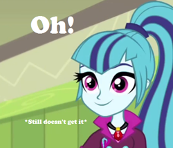 Size: 443x379 | Tagged: safe, edit, edited screencap, screencap, sonata dusk, equestria girls, caption, image macro, reaction image, solo