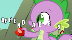 Size: 744x418 | Tagged: safe, edit, edited screencap, screencap, spike, dragon, a dog and pony show, eating, gem, image macro, puffy cheeks, solo