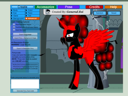 Size: 943x709 | Tagged: safe, oc, oc only, alicorn, pony, pony creator, 9000 hours in pony creator, alicorn oc, donut steel, facial hair, familiar, male, moustache, red and black oc, solo, stallion, text, wat