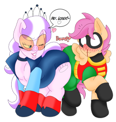 Size: 1559x1636 | Tagged: safe, artist:blackbewhite2k7, diamond tiara, scootaloo, earth pony, pegasus, pony, batman, blood, butt bump, butt to butt, butt touch, chubby diamond, clothes, costume, crossover, female, lesbian, nosebleed, pig nose, scootiara, shipping, simple background, teasing, the capitalist piglette, transparent background, vector