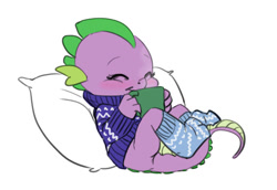 Size: 749x515 | Tagged: safe, artist:carnifex, barb, spike, dragon, baby, baby dragon, barbabetes, clothes, cute, dragoness, eyes closed, female, mug, rule 63, rule63betes, smiling, socks, solo, sweater