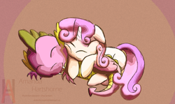 Size: 2000x1193 | Tagged: safe, artist:amura-of-jupiter, spike, sweetie belle, dragon, cute, female, male, shipping, sleeping, snuggling, spikebelle, straight