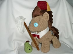 Size: 1280x960 | Tagged: safe, artist:masterplanner, doctor whooves, amigurumi, bowtie, crochet, doctor who, fez, hat, irl, mop, pear, photo, plushie, reference, solo