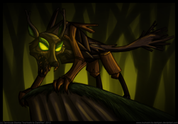 Size: 1024x713 | Tagged: safe, artist:inuhoshi-to-darkpen, timber wolf, animal, glowing eyes, sharp teeth, wood