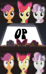 Size: 800x1290 | Tagged: safe, apple bloom, scootaloo, sweetie belle, exploitable meme, meme, op, theater meme