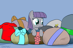 Size: 1000x664 | Tagged: safe, artist:empyu, boulder (pet), maud pie, 45 minute art challenge, bow, clothes, ribbon, rock, shirt