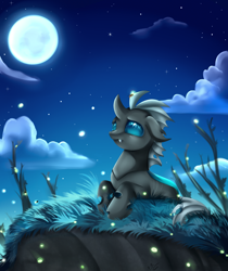 Size: 2370x2825 | Tagged: safe, artist:pridark, oc, oc only, changeling, cliff, frown, looking up, moon, night, prone, solo