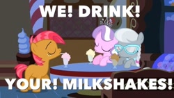 Size: 698x393 | Tagged: safe, babs seed, diamond tiara, silver spoon, one bad apple, drink, drinking, glasses, i drink your milkshake, image macro, milkshake, there will be blood