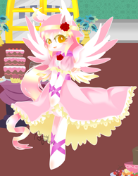 Size: 1697x2169 | Tagged: safe, artist:snow angel, oc, oc only, pony, bipedal, cake, clothes, dress, pixiv, solo