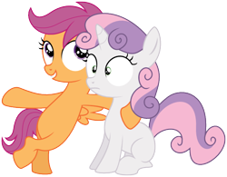 Size: 660x515 | Tagged: safe, artist:deadparrot22, scootaloo, sweetie belle, pony, bipedal, hoof around neck, simple background, svg, transparent background, vector, wide eyes