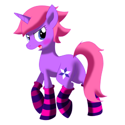 Size: 800x800 | Tagged: safe, artist:perfectpinkwater, blushing, clothes, kumatora, mother 3, ponified, socks, solo, striped socks