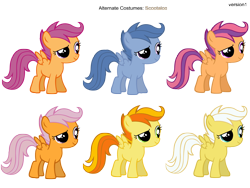 Size: 3600x2700 | Tagged: safe, artist:moongazeponies, artist:pika-robo, archer (character), peachy pie, scootablue, scootaloo, scootaloo (g3), sunny daze, pegasus, pony, g3, alternate costumes, female, filly, foal, g3 to g4, generation leap, palette swap, recolor, simple background, transparent background