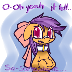 Size: 650x650 | Tagged: safe, artist:serendipity-kitty, scootaloo, pegasus, female, filly, lesboloo, orange coat, purple mane, solo