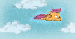 Size: 1440x763 | Tagged: safe, artist:mahsiocaj, scootaloo, pegasus, pony, female, flying, scootaloo can fly, solo