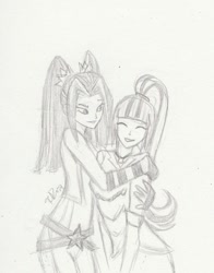 Size: 792x1009 | Tagged: safe, artist:radioactivedeadend, aria blaze, sonata dusk, equestria girls, arisona, female, lesbian, monochrome, shipping, sketch, traditional art