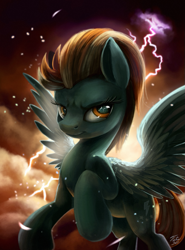 Size: 665x900 | Tagged: safe, artist:tsitra360, lightning dust, pegasus, pony, backlighting, female, lightning, looking at you, mare, raised hoof, solo