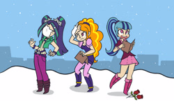 Size: 2100x1260 | Tagged: safe, artist:khuzang, adagio dazzle, aria blaze, sonata dusk, equestria girls, breasts, caroling, cleavage, clothes, female, rose, skirt, snow, snowball, snowfall, the dazzlings, winter